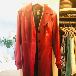 Red vintage genuine leather belted trench coat.